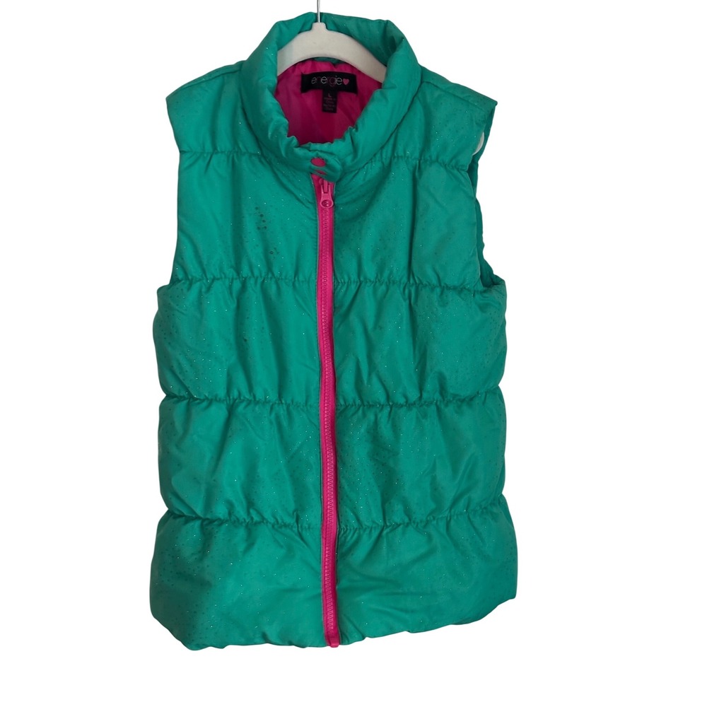 Energie Girls Puffer Vest Size L (10) Turquoise Green & Pink Sparkle Vest READ‎